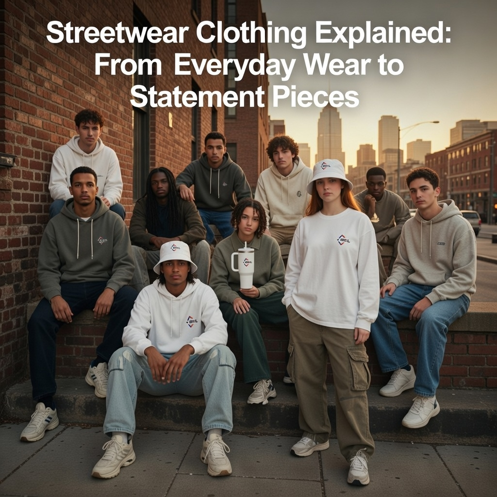 Streetwear clothing collection displayed with hoodies, graphic tees, and hats representing urban culture