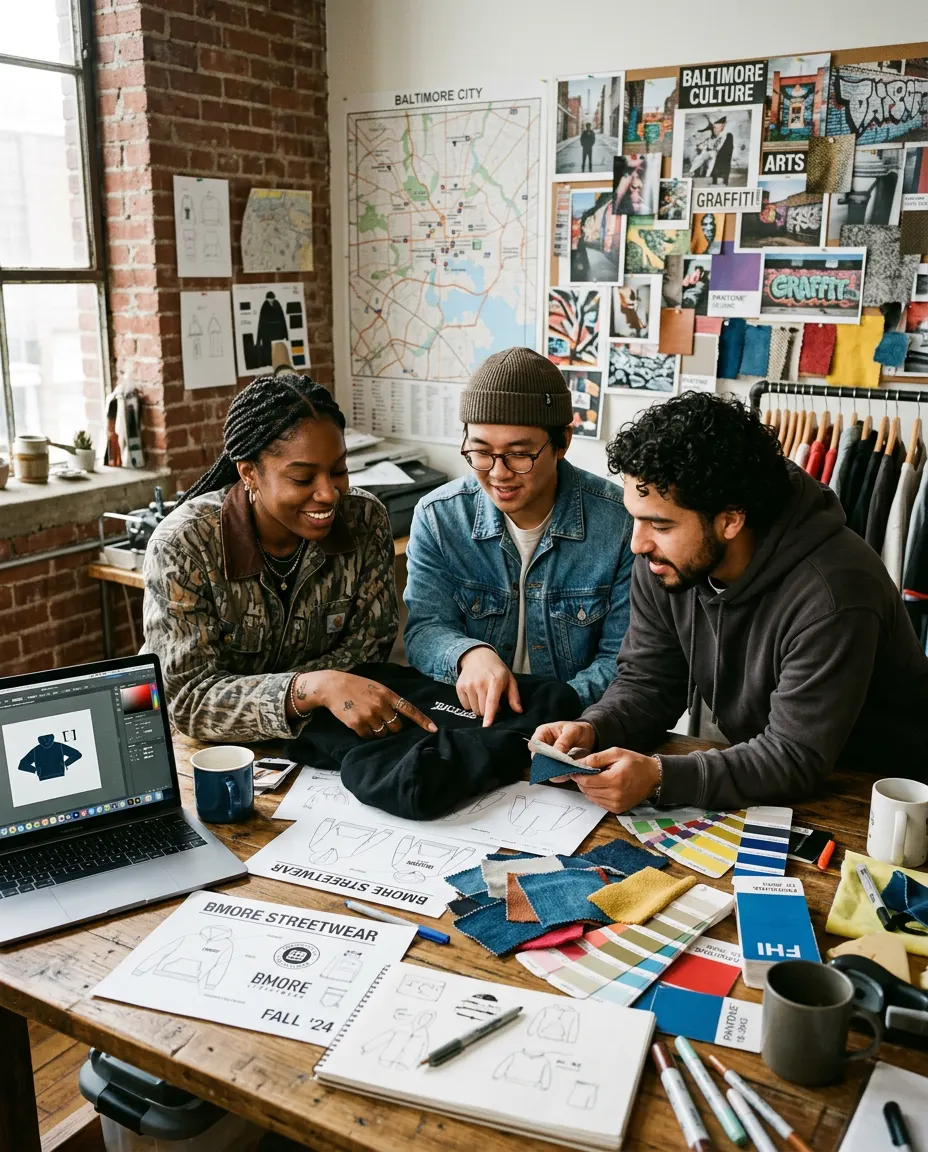 Independent streetwear brand designers collaborating in creative workspace