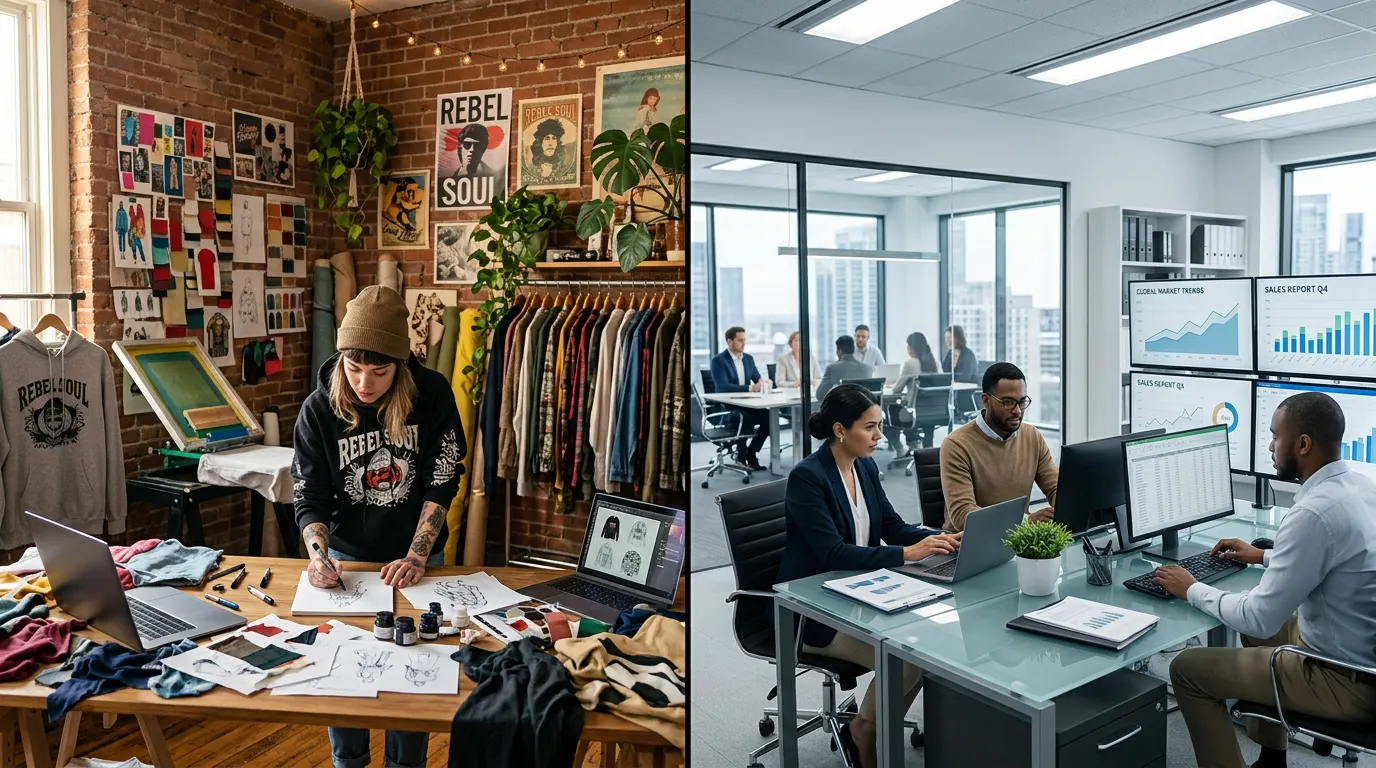Independent streetwear brand designer workspace compared to mainstream fashion label production