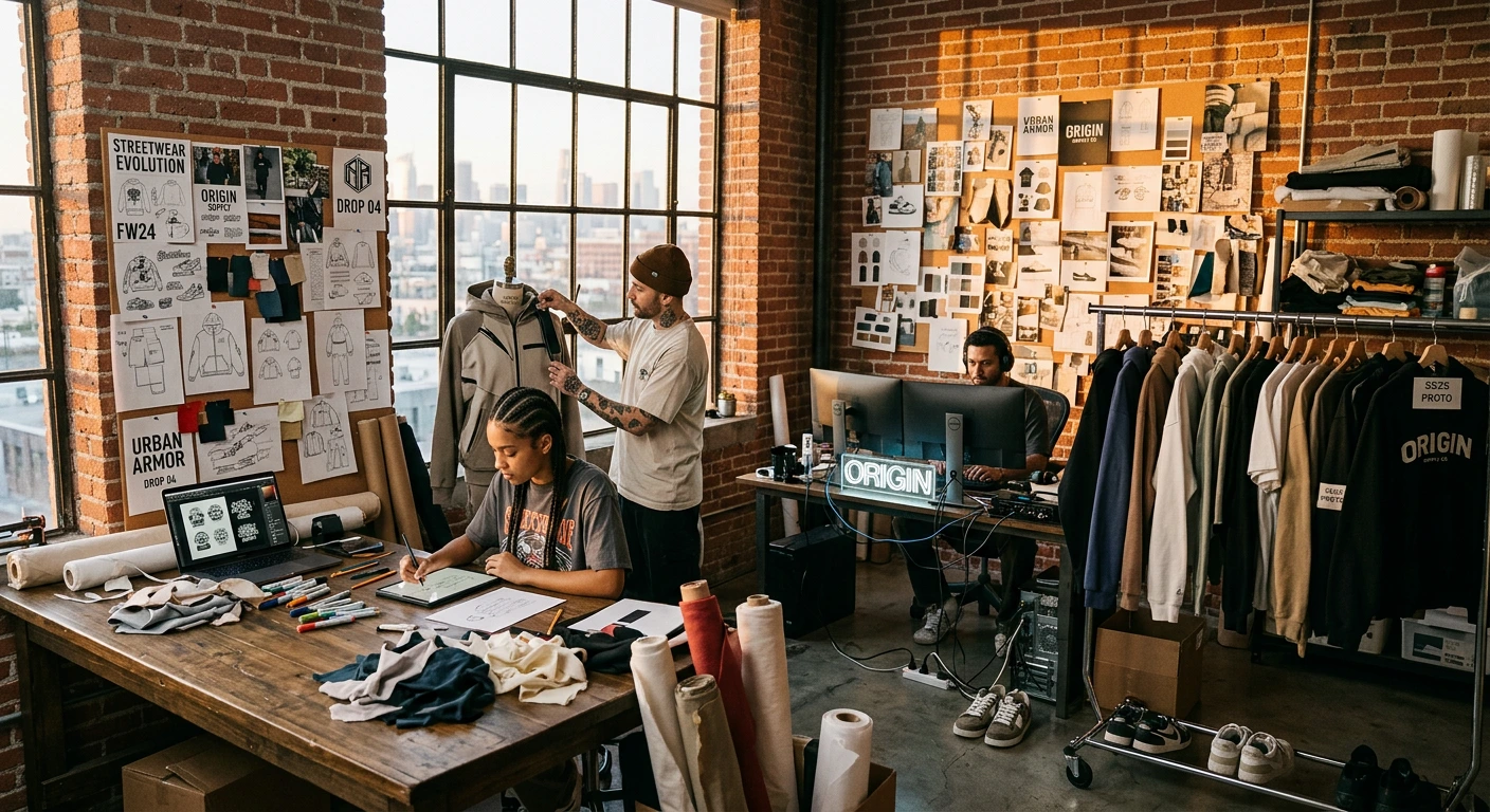 Small independent streetwear apparel brand design studio showing creative process