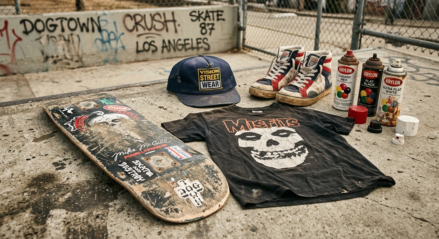 Vintage streetwear apparel from the 1980s showing early skateboard and hip-hop influence