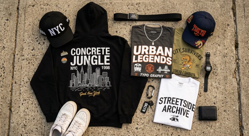 Streetwear apparel displayed with cultural graphics representing urban fashion and identity