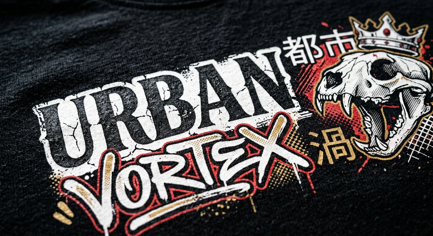 Close-up of streetwear apparel showing graphic design elements and cultural references