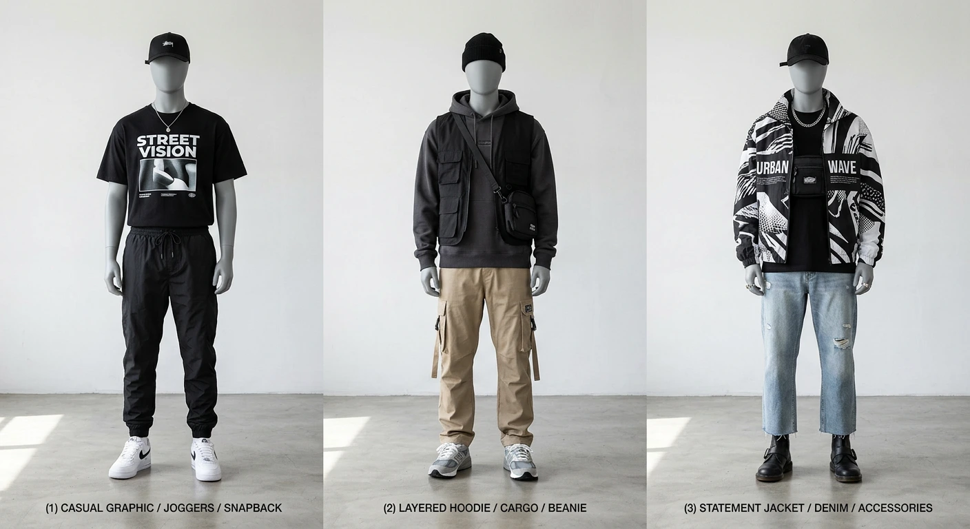 Streetwear apparel outfit examples showing different styling combinations and layering