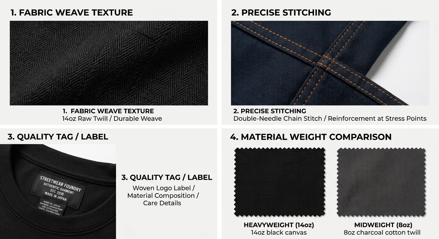 Close-up of streetwear apparel construction details showing quality stitching and materials