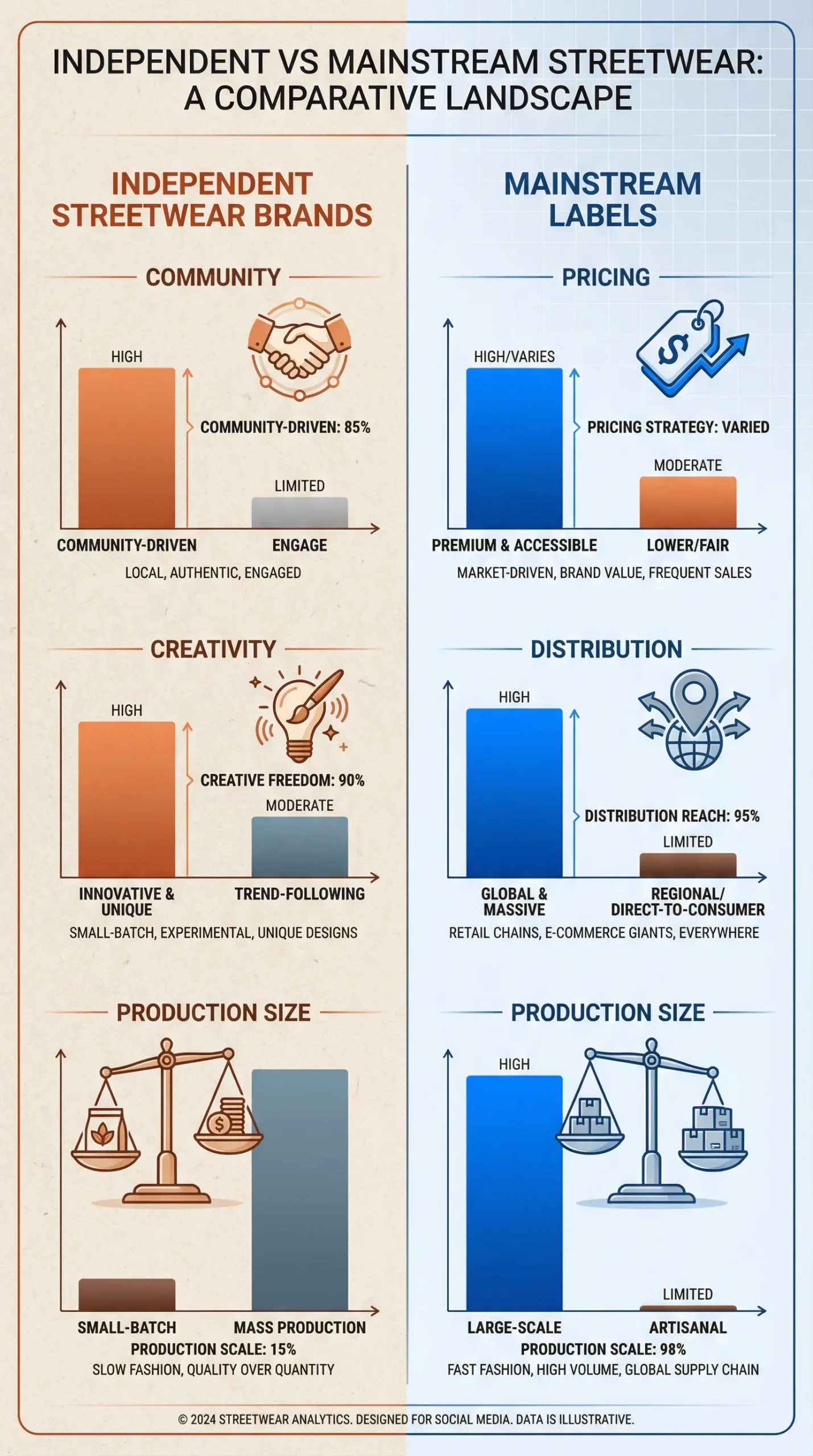 Infographic comparing independent streetwear brands versus mainstream fashion labels