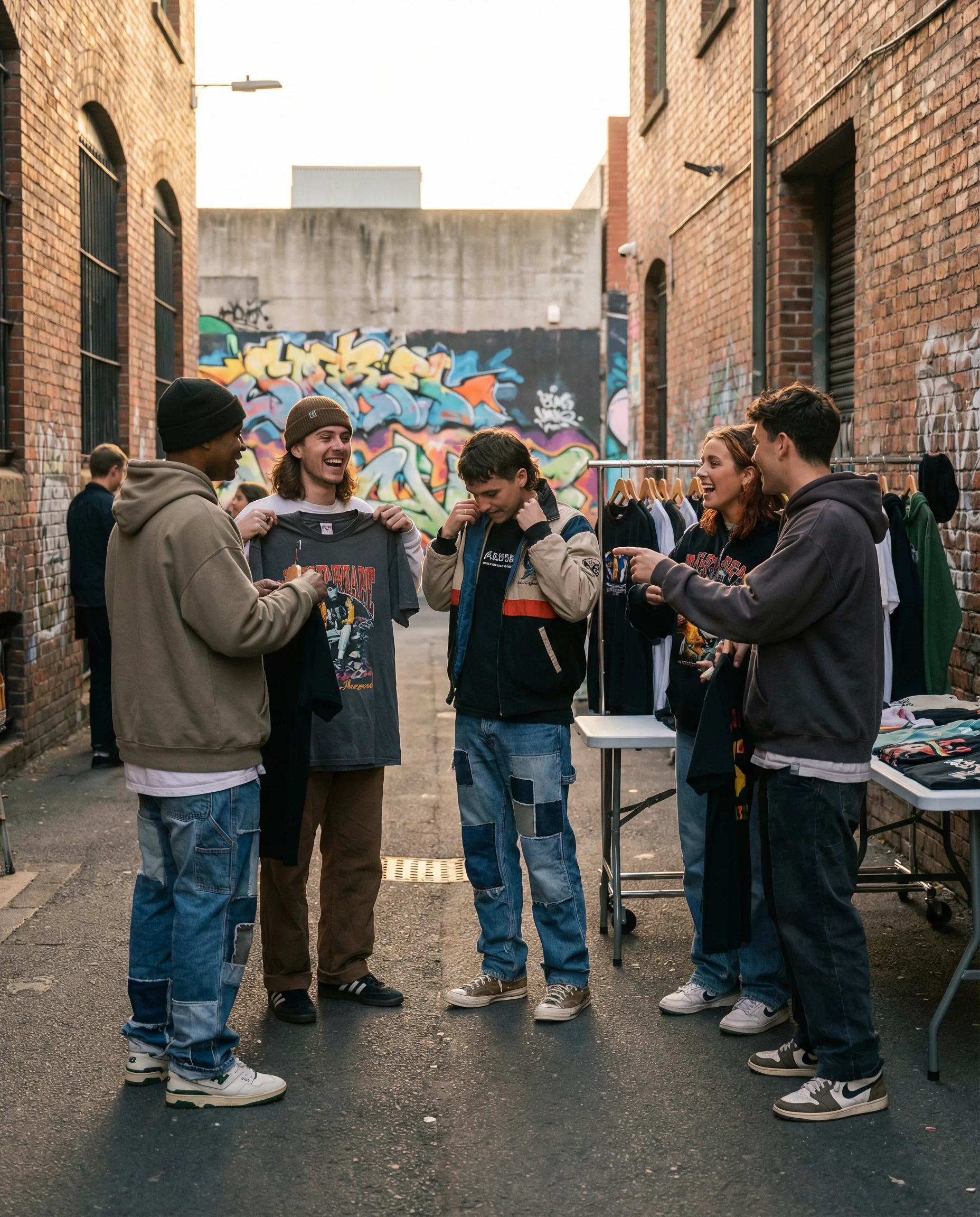 Streetwear community members shopping at independent brand pop-up event