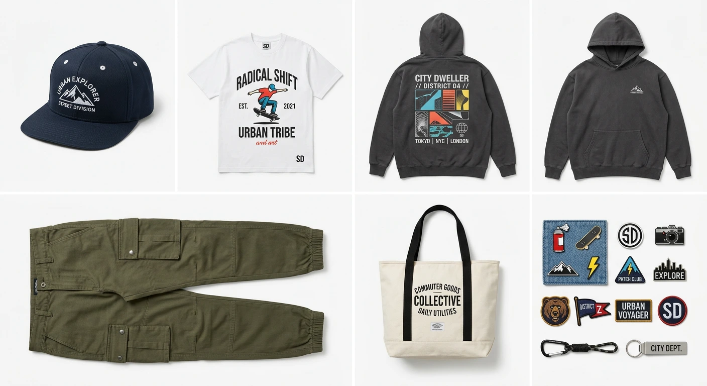 Collection of streetwear apparel types including hoodies, graphic tees, caps, and accessories